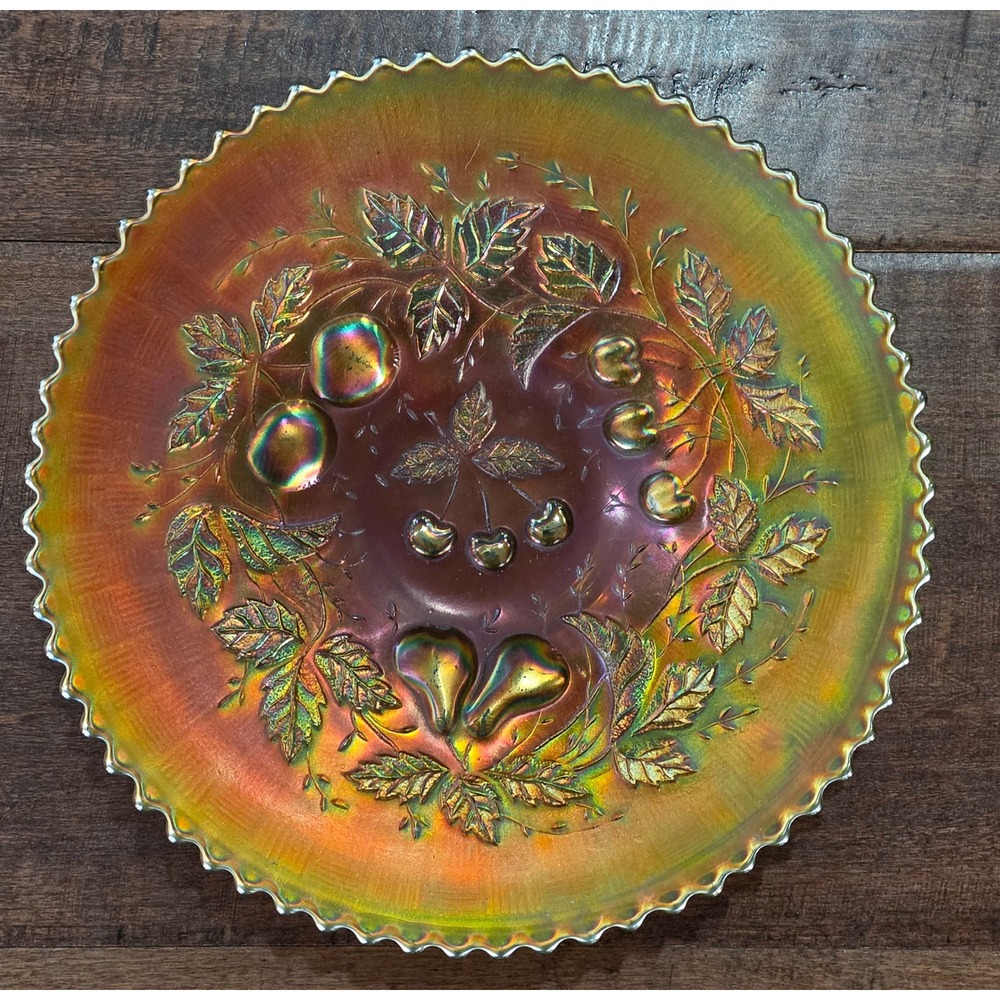 VTG Northwood Three Fruits Green Carnival Glass Bowl Marigold Iridescent
